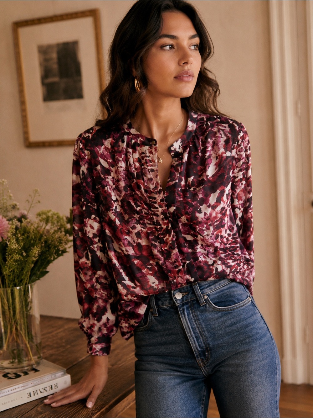 LIZ CLAIBORNE Petite Large Sheer Floral Pleated Blouse Burgundy Pink Like New